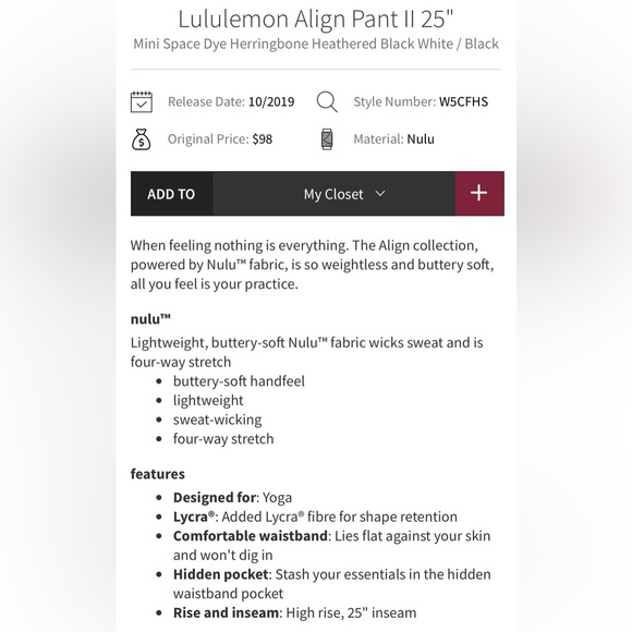 lululemon | size 4 Align Pant II 25" Mini Space Dye Herringbone black and white - Picture 4 of 8